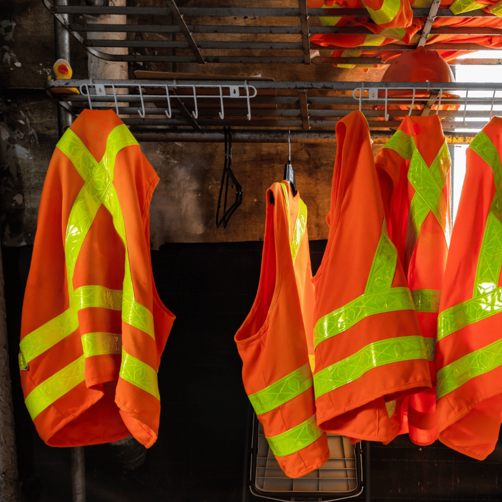 AS/NZS 4602.1:2024 compliant orange hi-vis safety vests with reflective tape hanging in an industrial workspace showcasing compliant high-visibility gear for Australian worksites.