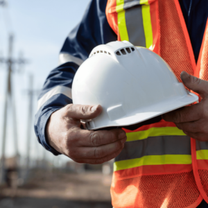 Construction worker holding certified white safety helmet while wearing a compliant reflective safety vest — demonstrating integrated PPE standards in line with AS/NZS 2210.3 and AS/NZS 4602.1:2024.