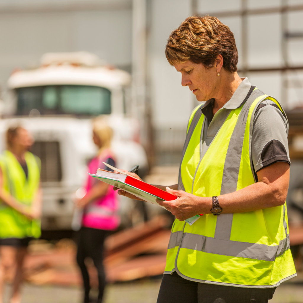 Female supervisor on job site in fluorescent safety vest reviewing checklist. Representing gender-inclusive hi-vis workwear and site safety standards in Australia.