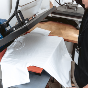 White t-shirt on heat press machine being customised, illustrating modern screen printing services for custom tradie uniforms in Australia.