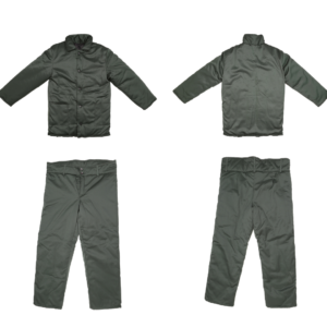 Two-piece green workwear set with front and back views—highlighting durable materials and modern design trends in Australian workwear for 2025.